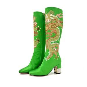 Gucci Candy Dragon Embroidered Crystal Embellished Knee High Boots 36.5